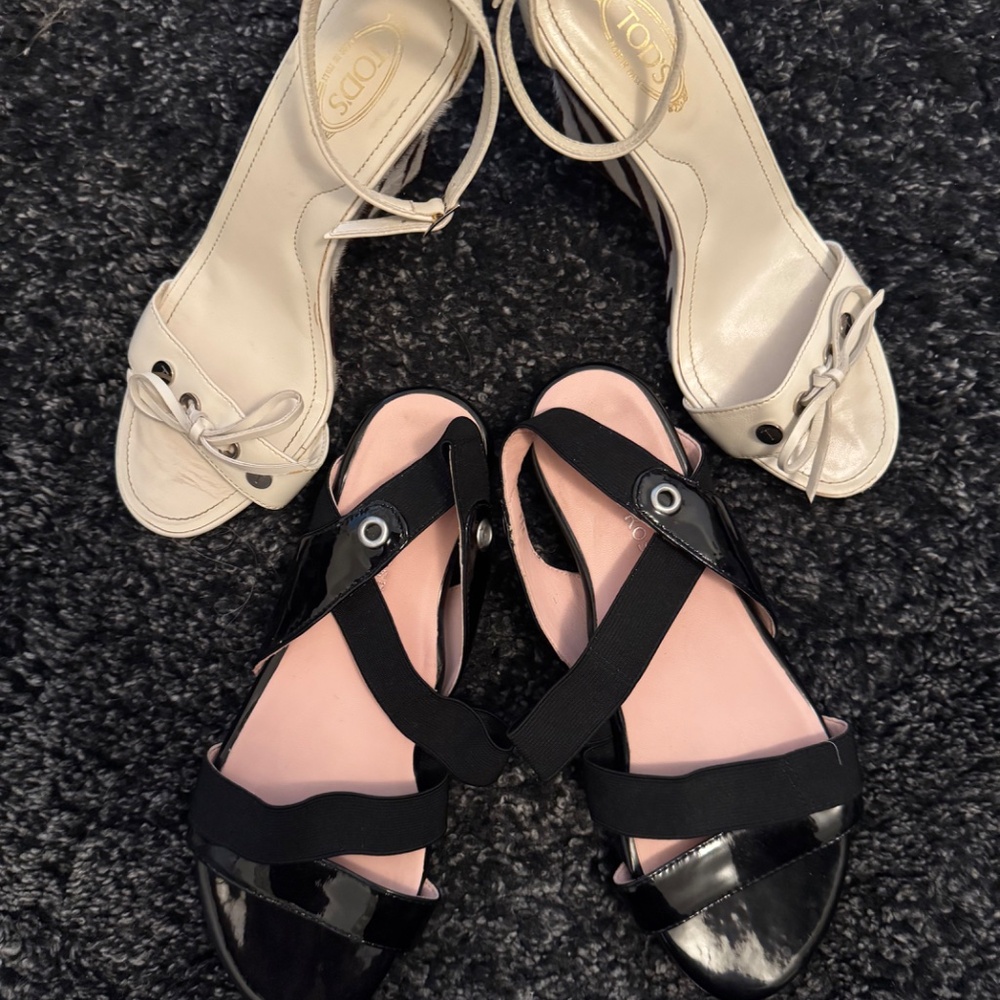 Tod's Zebra High Wedge + Taryn Rose Flat Sandals - both 8.5
